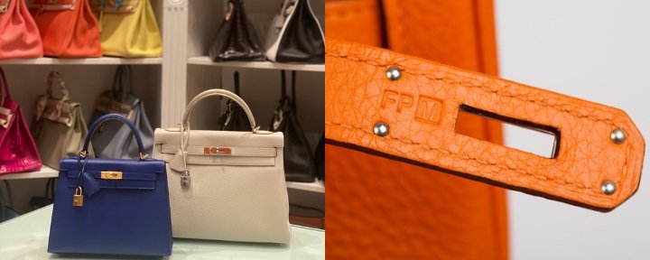 On the right; a collectsion of Hermès bags. On the left; showing what the date stamp of Hermès looks like inside of the bag.