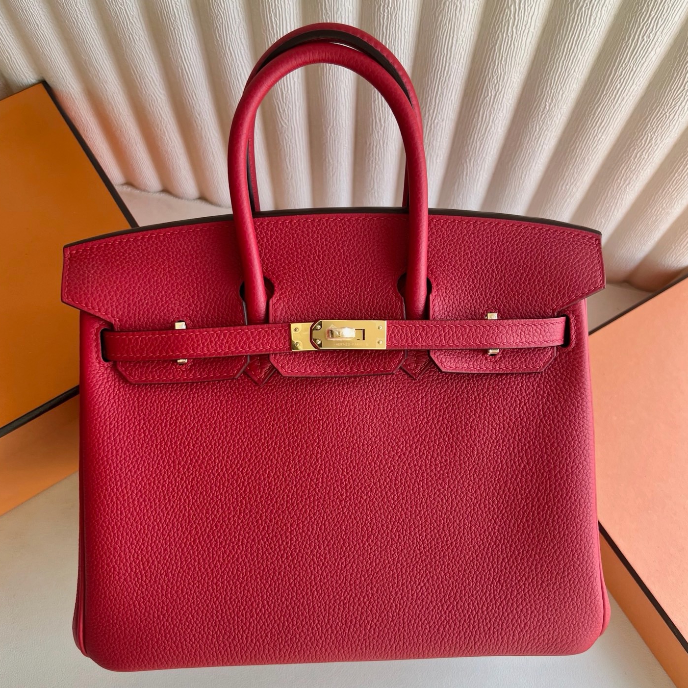 Hermes Birkin 25 Retourne Handmade Bag in Rouge Casaque Clemence Leather