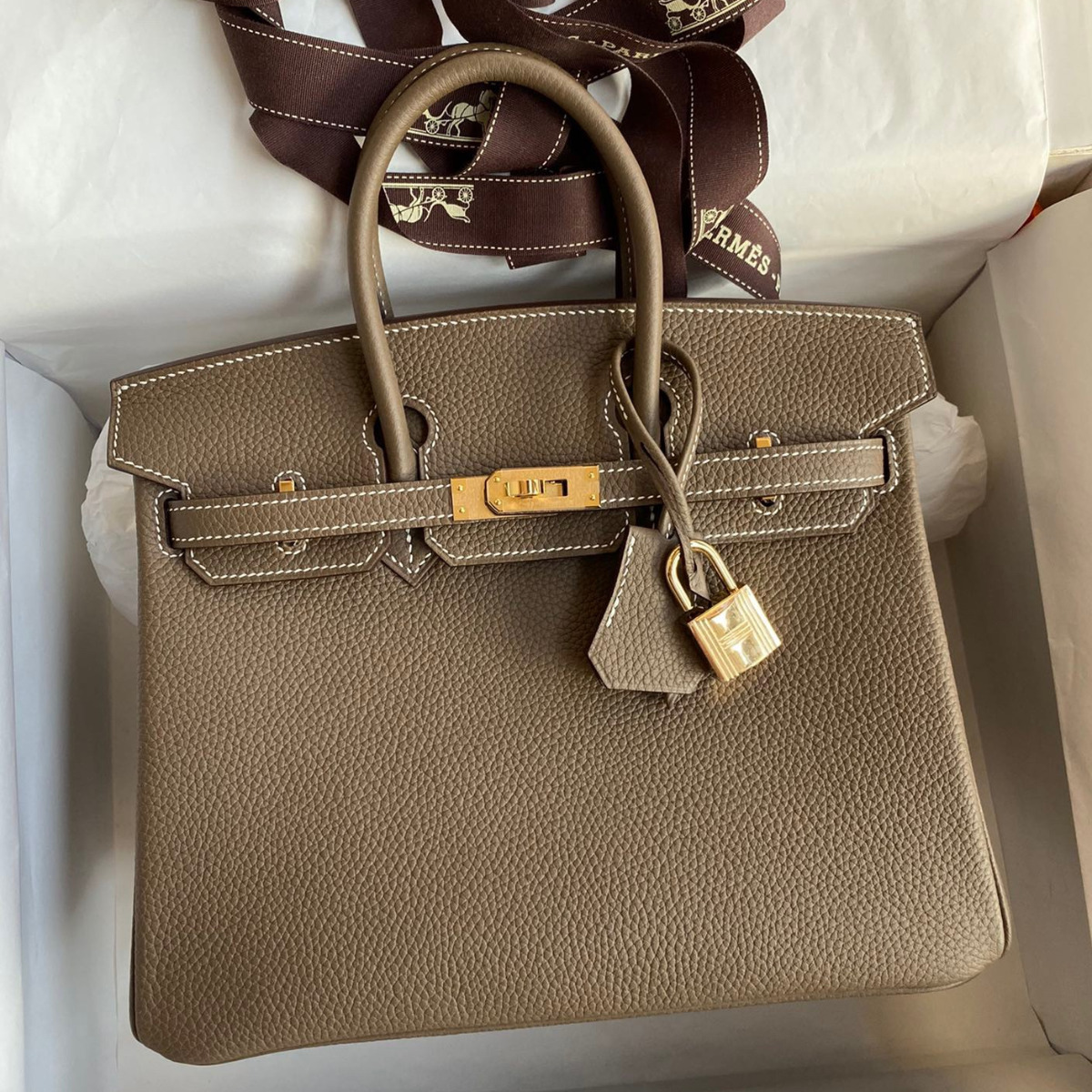 Hermes Birkin 25 Retourne Handmade Bag in Taupe Clemence Leather 