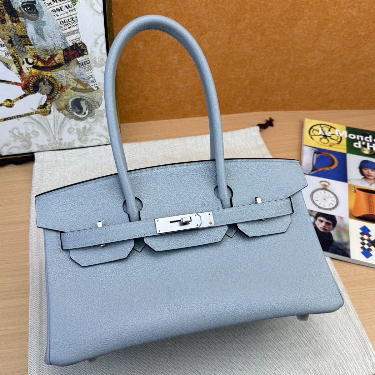 Hermes Shoulder Birkin Light 29 Bag in Blue Glacier Evercolor Leather