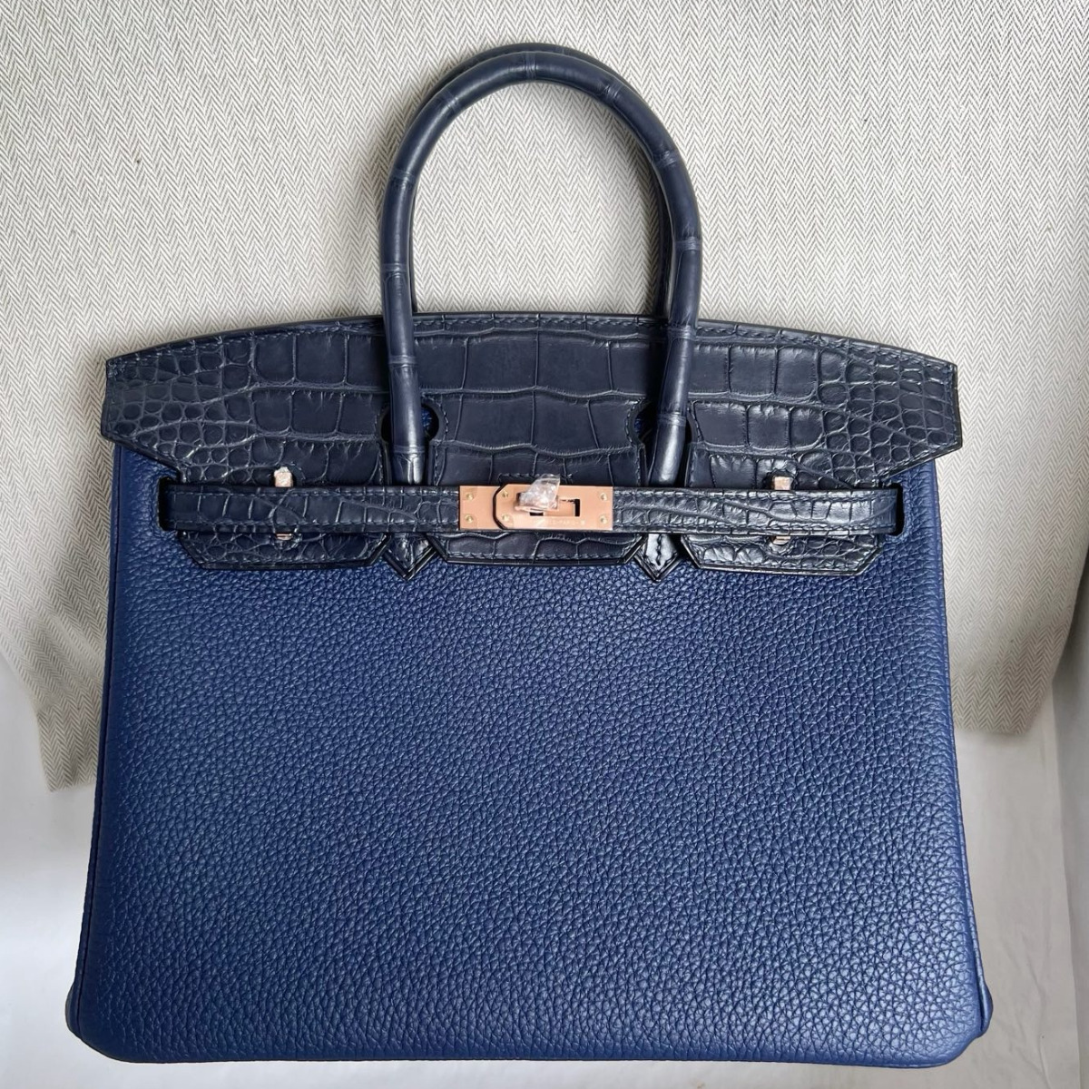 Hermes Touch Birkin 25 Bag in Blue Saphir Togo and Matte Alligator Leather