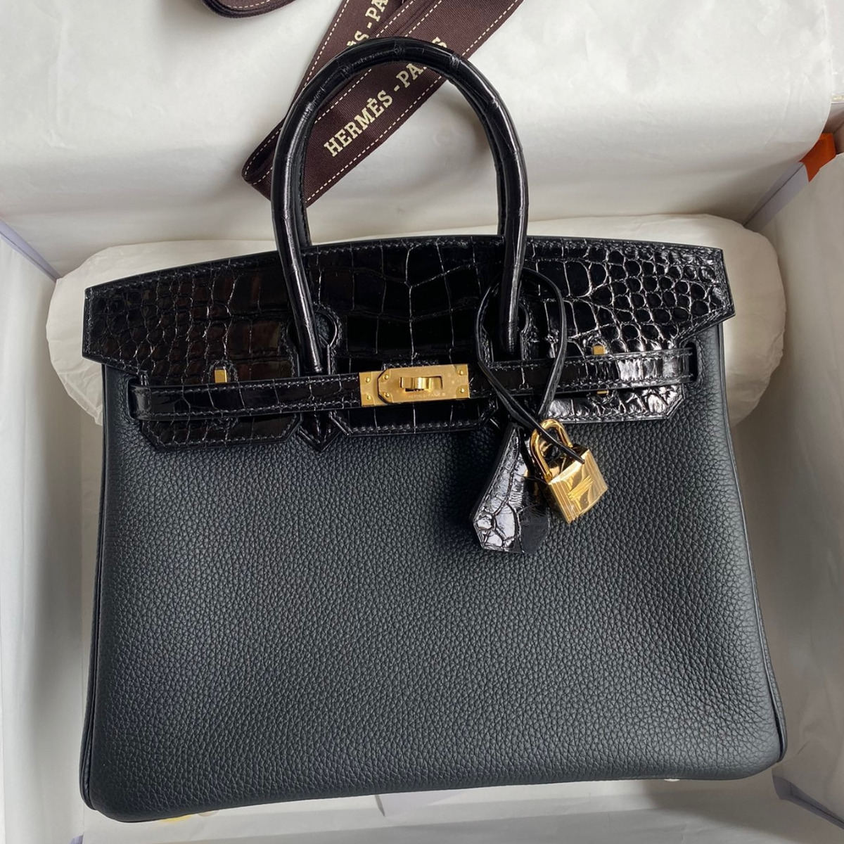  Hermes Touch Birkin 25 Bag in Black Togo and Shiny Alligator Leather