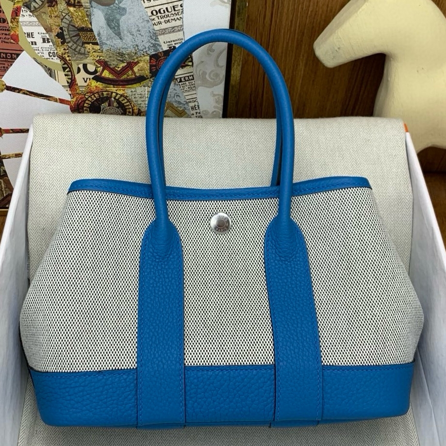 Hermes Neo Garden Party 23 Bag in Canvas and Blue Negonda Calfskin