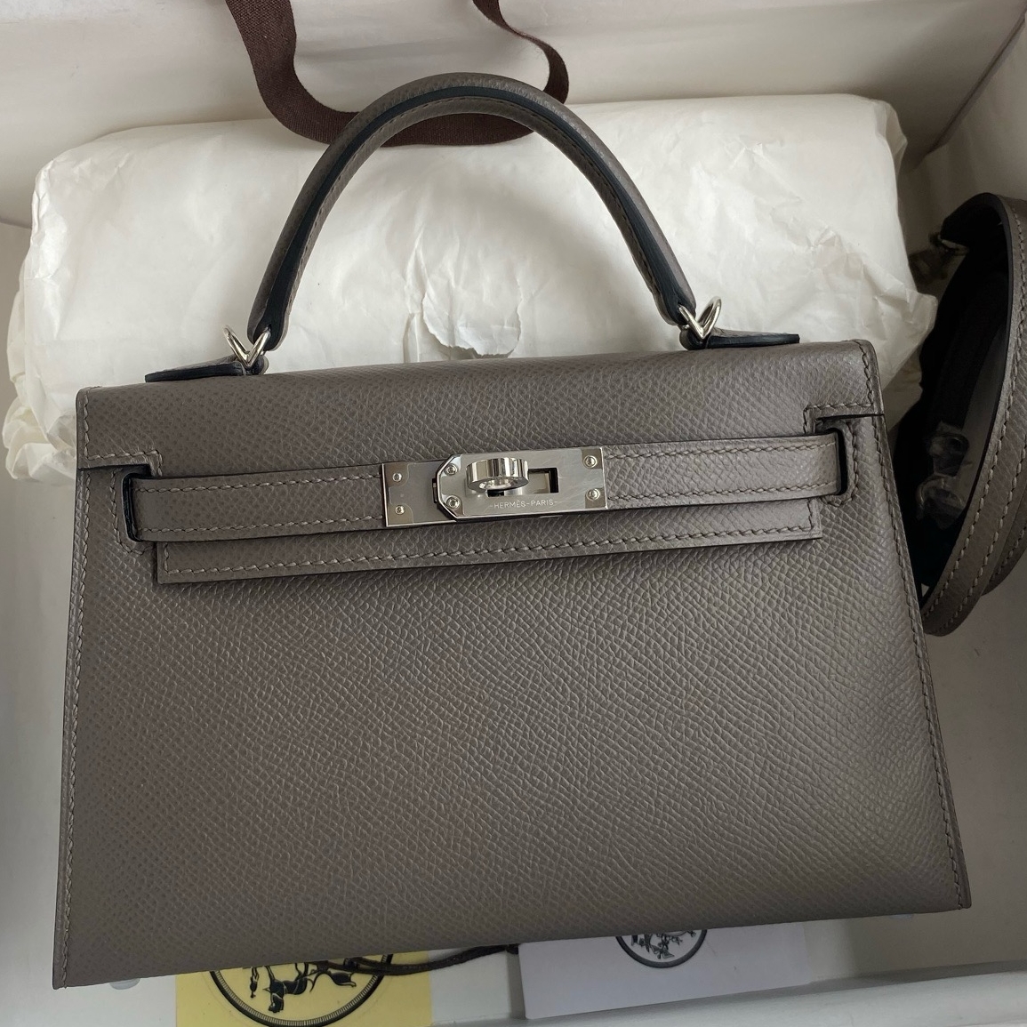 Hermes Kelly Mini II Sellier Handmade Bag in Etain Epsom Calfskin