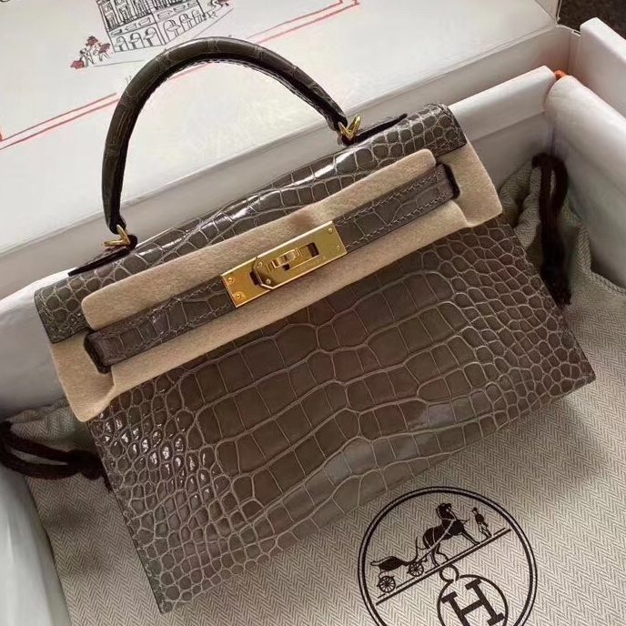 Hermes Kelly Mini II Handmade Bag In Taupe Alligator Crocodile 