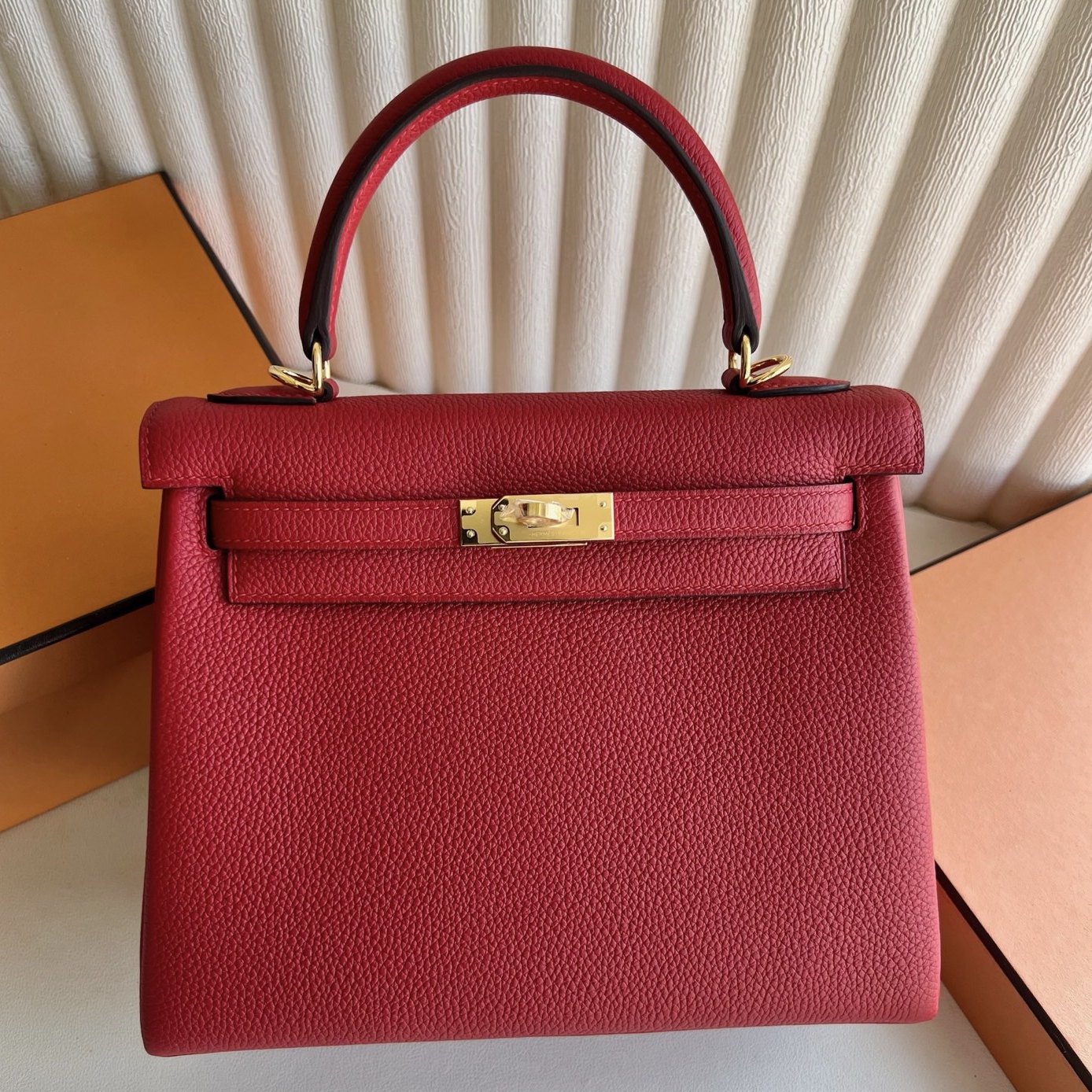 Hermes Kelly Retourne 25 Handmade Bag in Rouge Casaque Clemence Leather