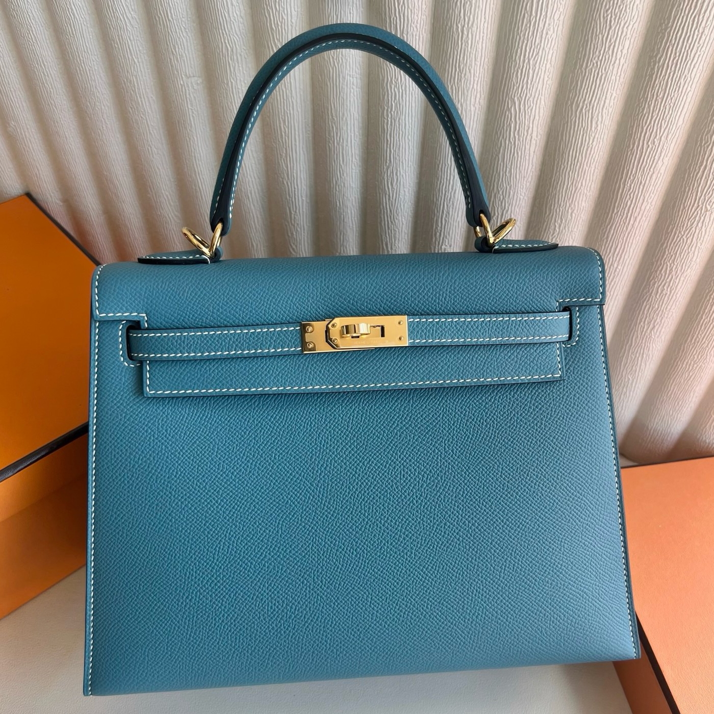 Hermes Kelly Sellier 25 Handmade Bag in New Blue Jean Epsom Calfskin 