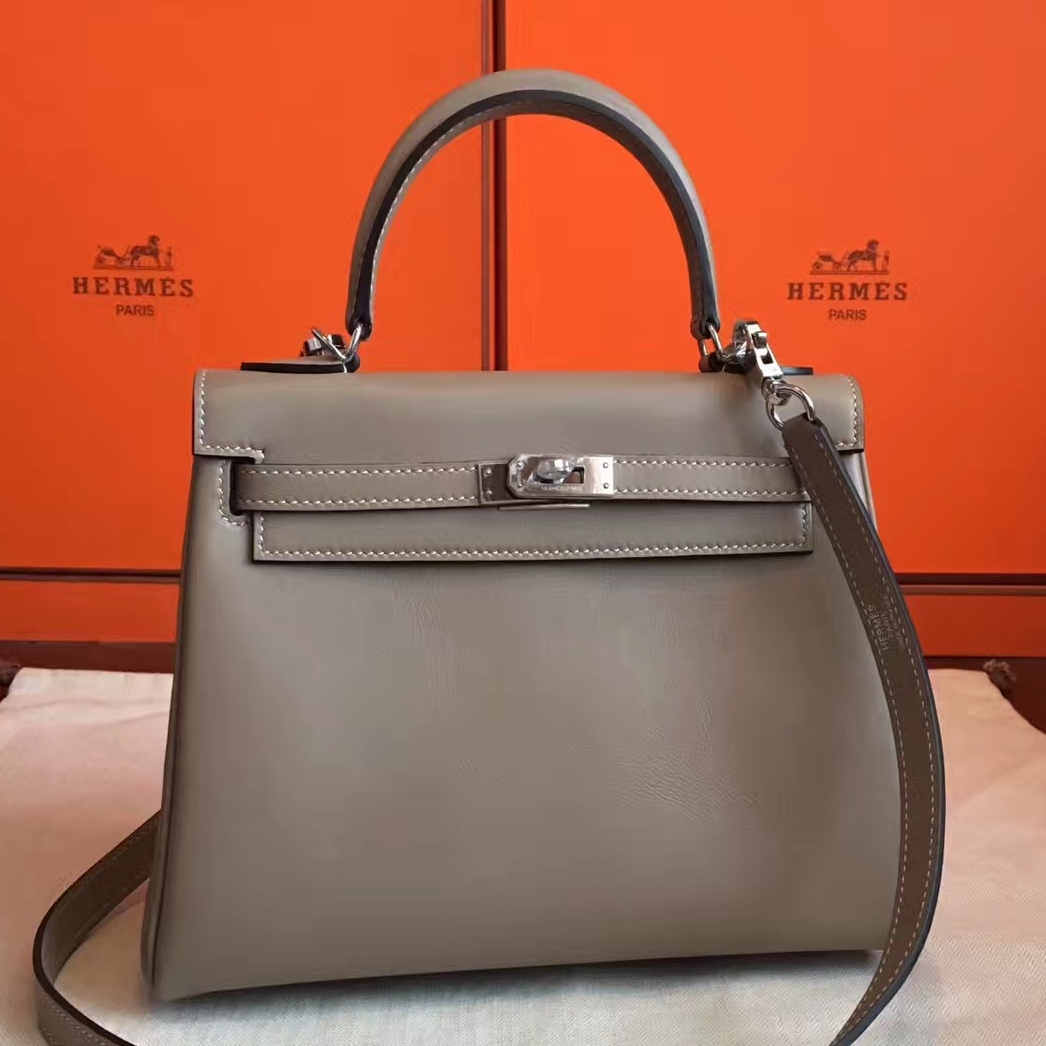 Hermes Kelly 25cm Retourne Handmade Bag In Grey Swift Leather 