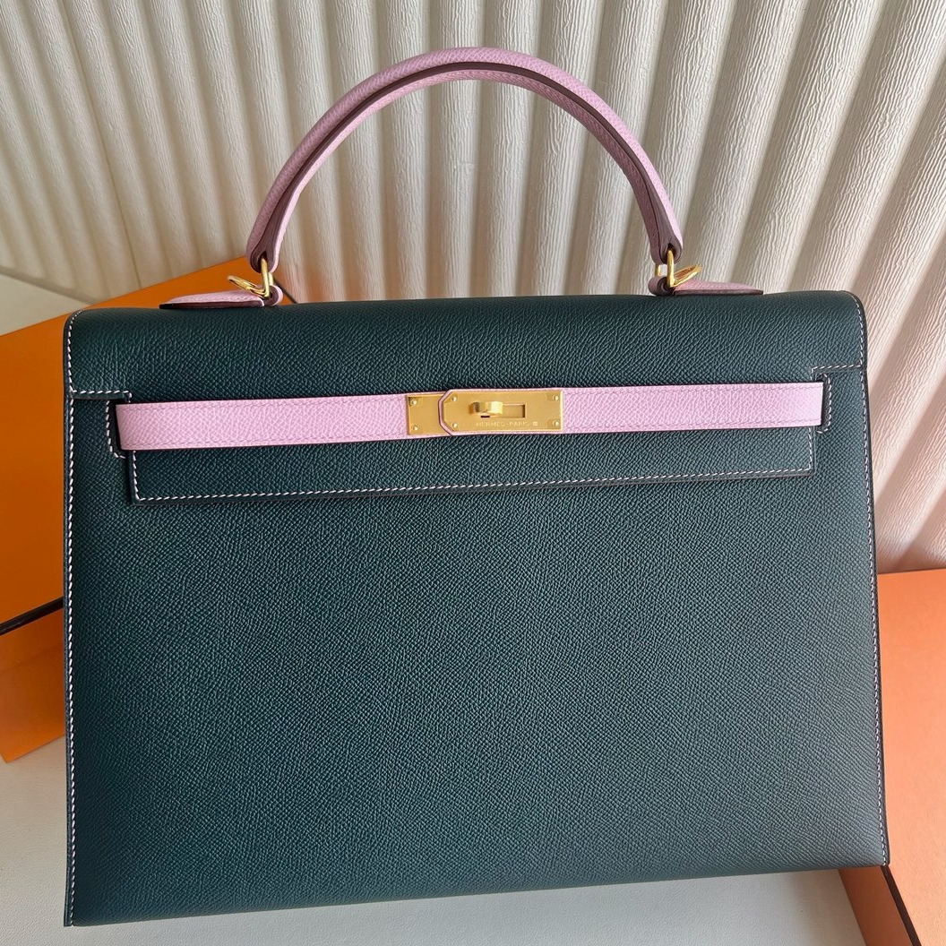 Hermes Kelly Sellier 32 Bicolor Bag in Vert Cypres and Pink Epsom Calfskin