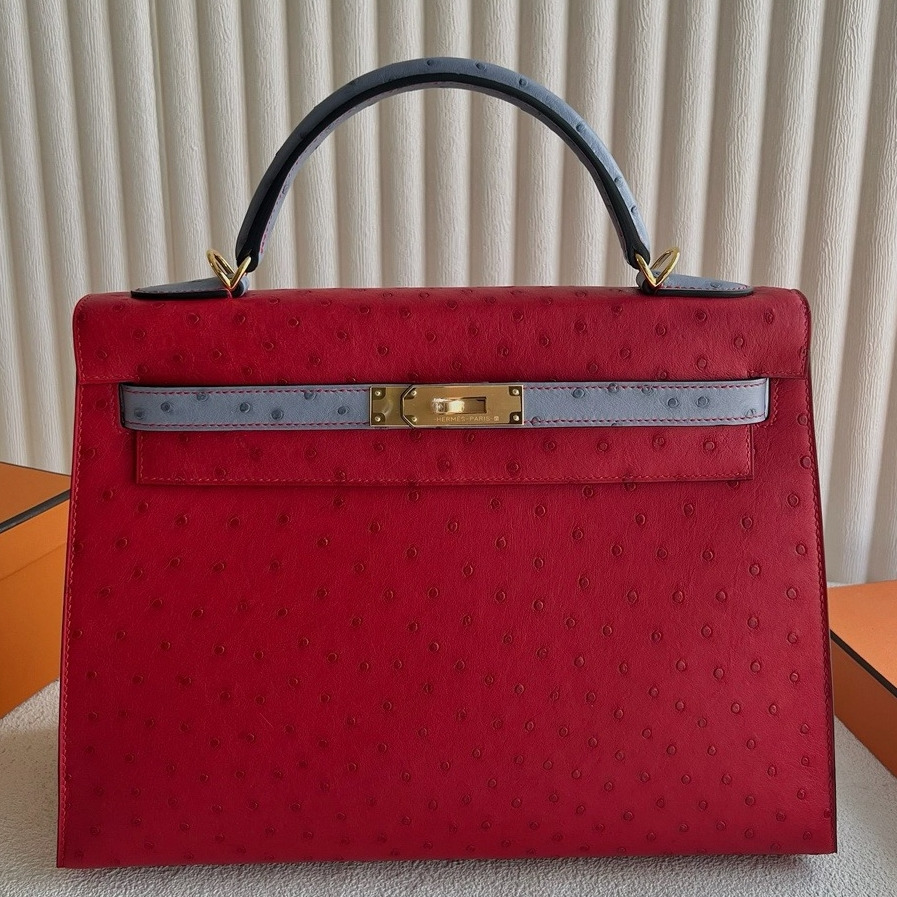 Hermes Kelly 32 HSS Sellier Bag in Rouge Casaque and Blue Agate Ostrich Leather