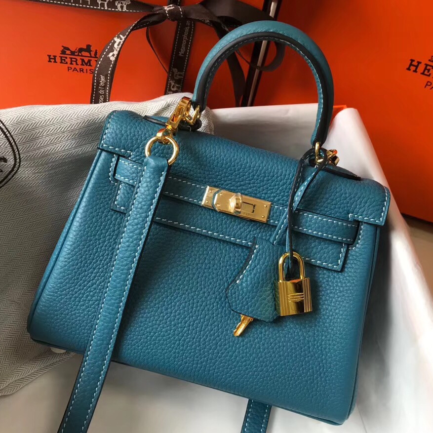 Hermes Kelly 20cm Bag In Blue Jean Clemence Leather GHW 
