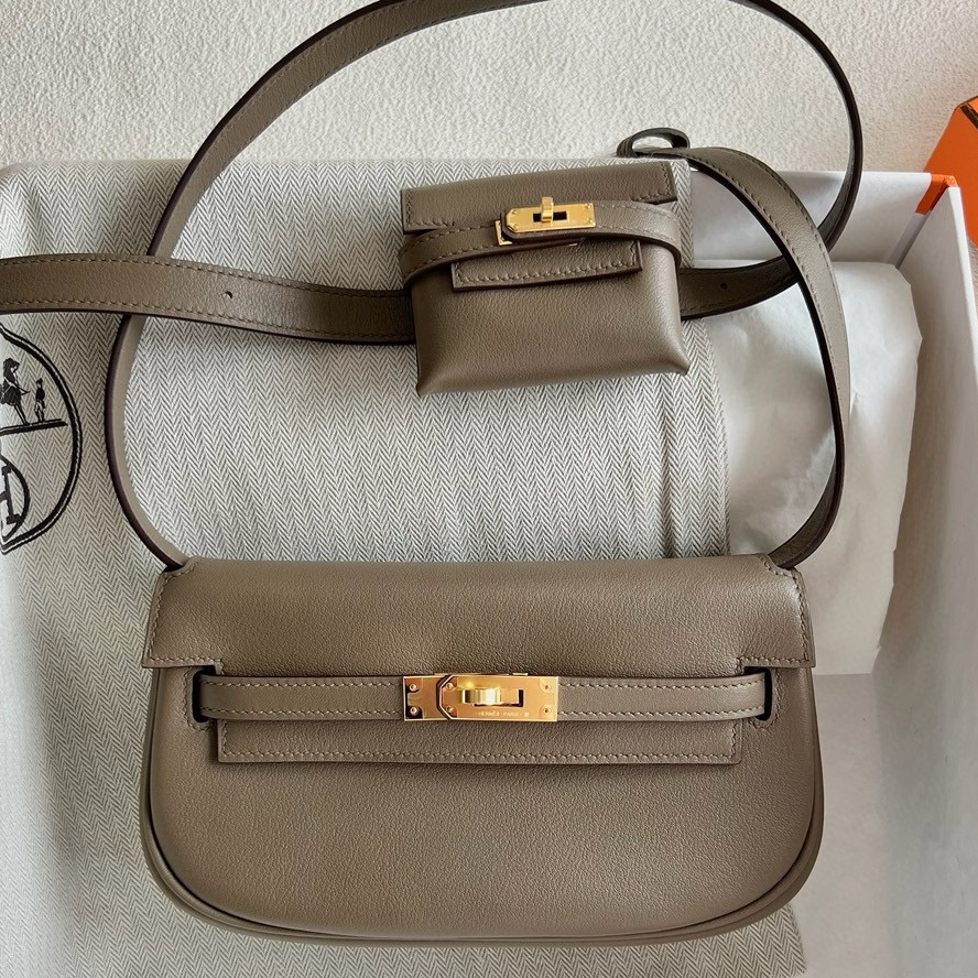  Hermes Kelly Moove Handmade Bag in Taupe Swift Calfskin