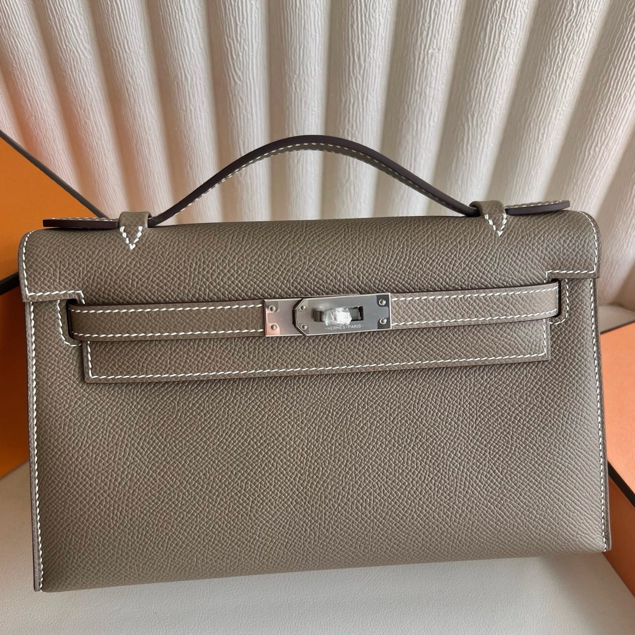 Hermes Kelly Pochette Handmade Bag in Etoupe Epsom Calfskin