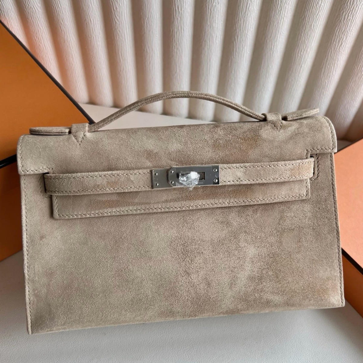 Hermes Kelly Pochette Handmade Bag in Beige Sable Doblis Suede Leather