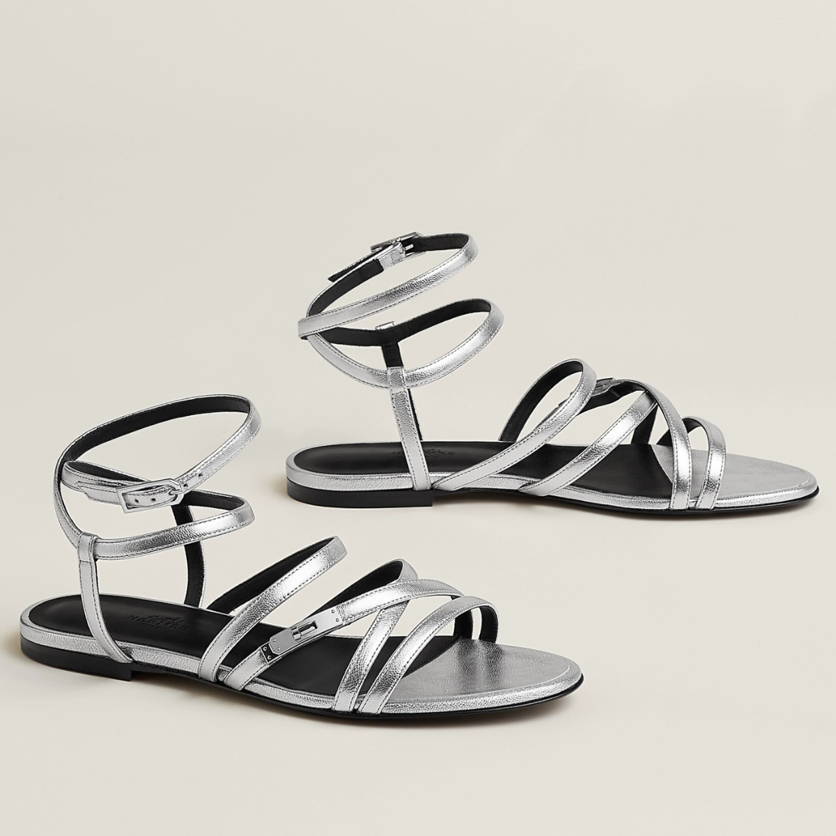 Hermes Lullaby Sandals in Silver Metallic Leather